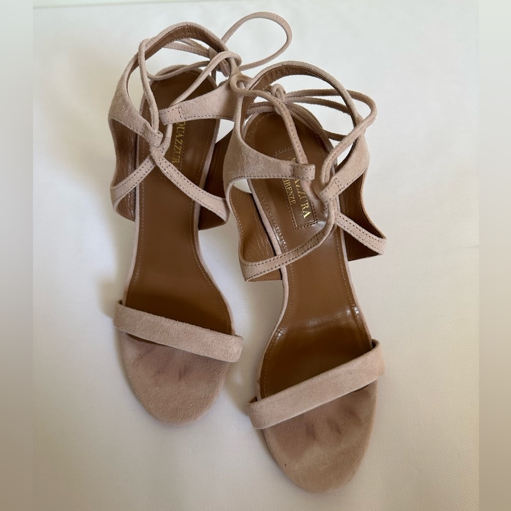 Aquazzura tan suede heeled sandal size 37 1/2